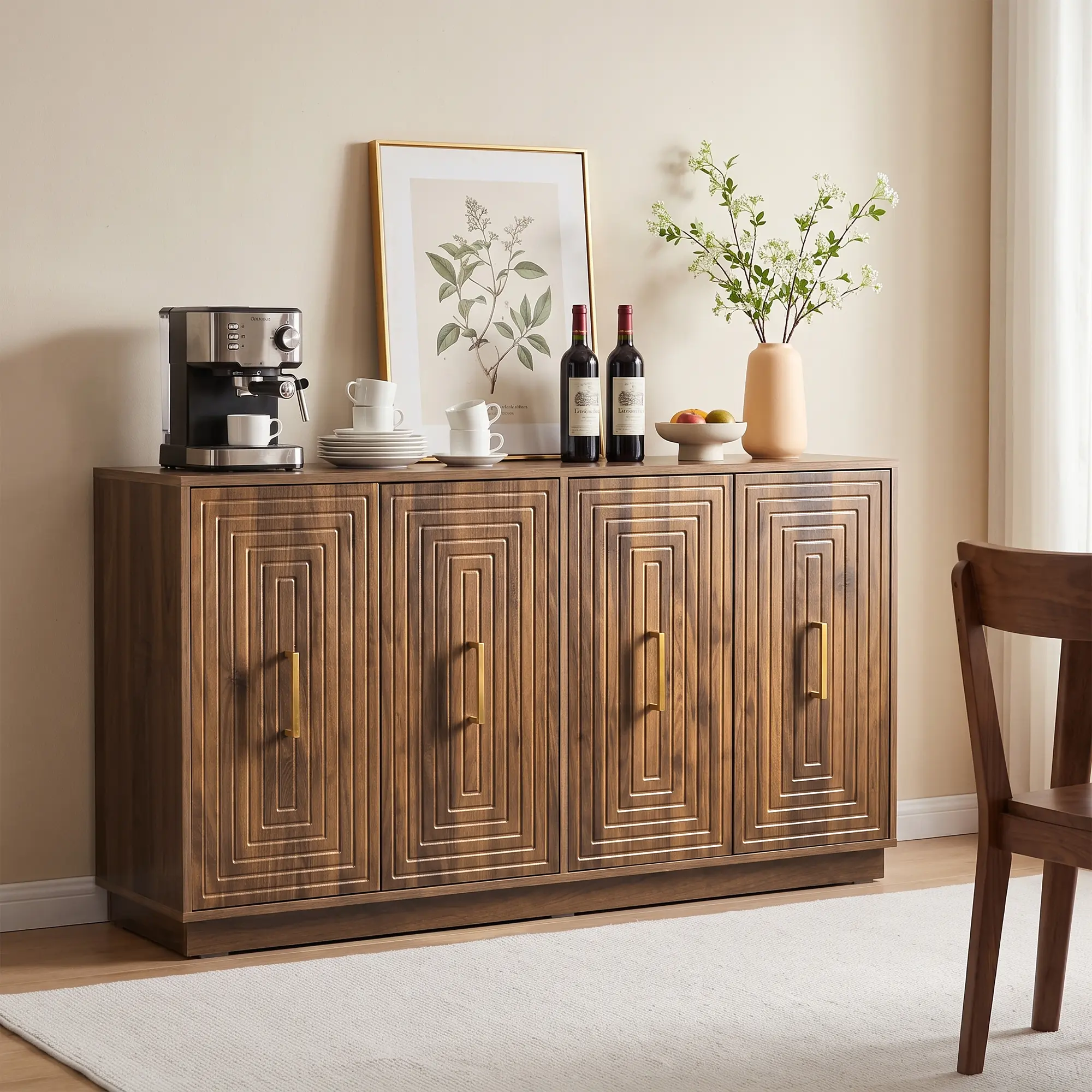 RoyalCraft 55" Large Buffet Cabinet with Storage, Modern Fluted Sideboard | with Doors and Adjustable Shelves, Wood Credenzas Console Coffee Bar Cabinet for Kitchen, Living Room, Black，Brown