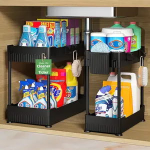 2 Pack Under Sink Organizer, Under Bathroom Cabinet Organizer with Hooks Hanging Cup, Multi-Purpose Storage Shelf for Kitchen Bathroom, Black