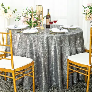 132" Round Sequin Taffeta Tablecloth - Silver (1pc)
