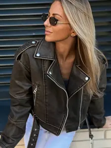 Women's PU Leather Jacket with Zipper Pockets, Elegant Long Sleeve Slim Fit Coat for Fall & Winter, Daily Airport Travel Festival Wear