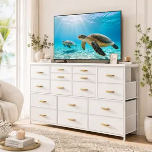 [24H-Support]Raybee TV Stand Dresser with 12/16 Drawers, Large Fabric Home Storage Organizer&Drawer Chest, Long Entertainment Center with Charging Station & USB Ports for Living Room, Bedroom, Apartment, Modern Media Console Cabinet Tower for Home Décor