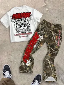 Teen Boy Maple Leaf Camo Sweatpants & Cartoon Tee Set, Husky Boy Clothes, Fashionable and Durable, Comfortable Fit, Ideal for Summer Casual Wear