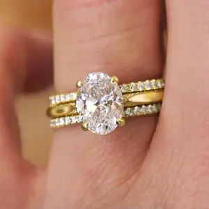 Wedding four-prong inlaid ring set of three, light luxury design jewelry, oval zircon ring for women