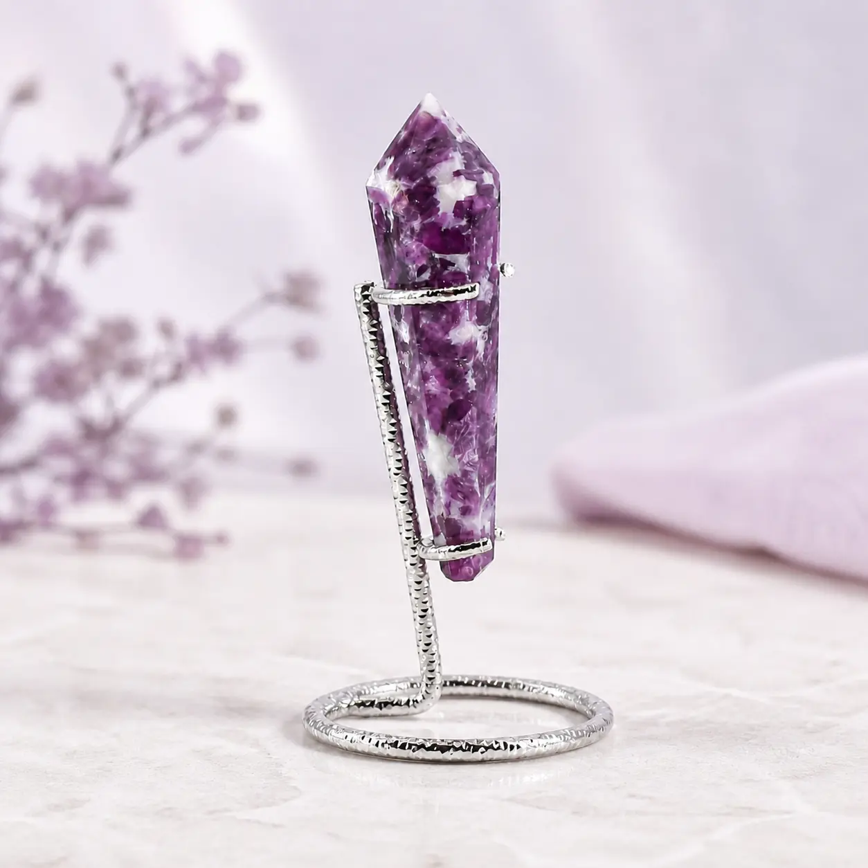 Premium Lepidolite (Purple Mica) Crystal Wand with Metal Display Stand - 1 Pc