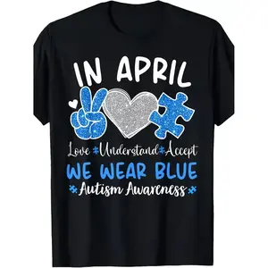 Autism Awareness April TShirt Wear Blue Puzzle Piece Peace Sign 220GSM Cotton Tee Unisex Autism Shirt