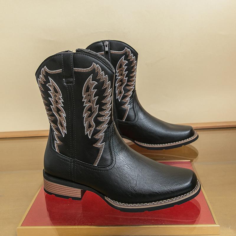 Men's Hand Embroidered Western Cowboy Boots, Vintage Brown/Black Wing Embroidery, European American Ethnic Style, Anti-Slip Sole, Closed Toe Fashion Footwear,mid-calf men