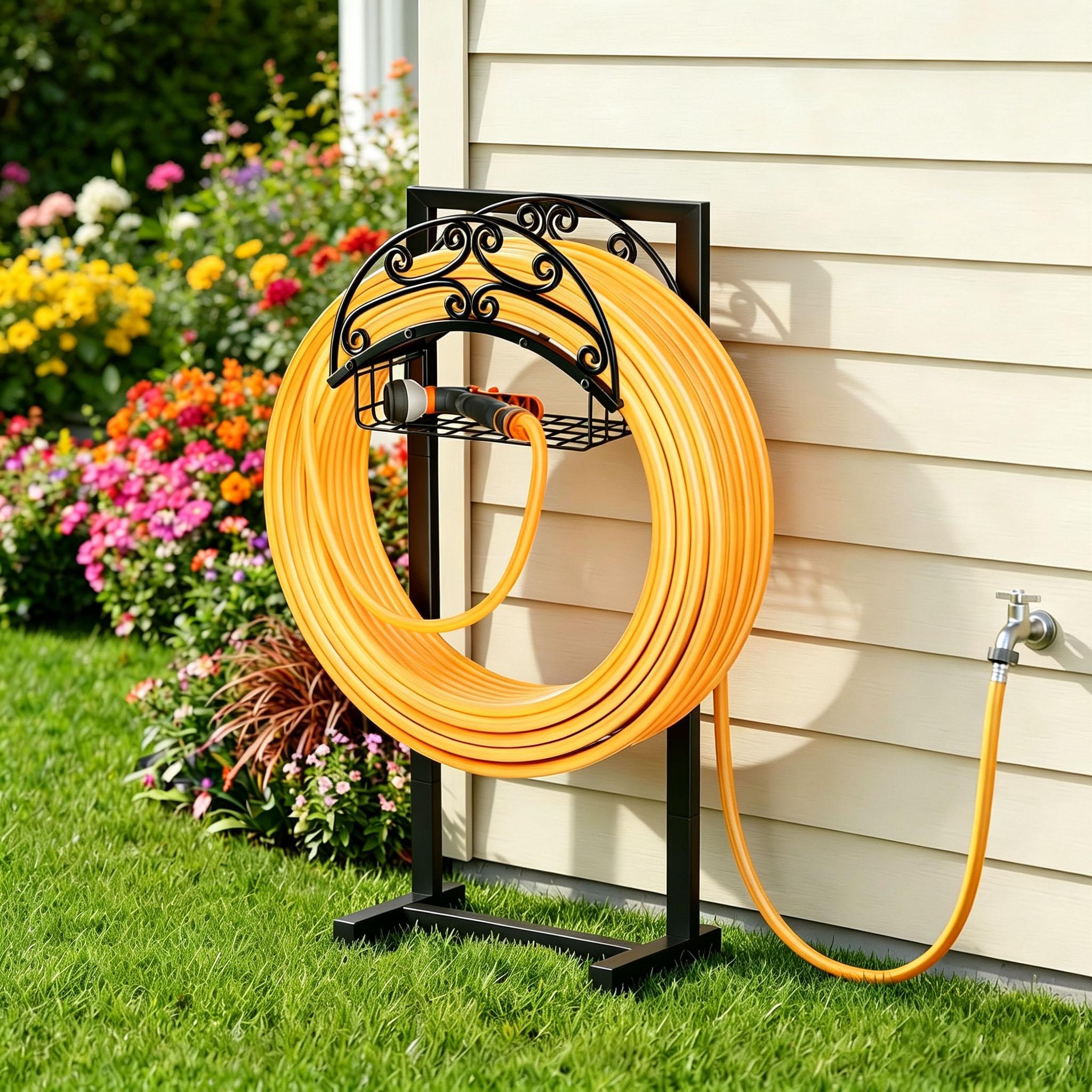 Heavy Duty Freestanding Metal Garden Hose Holder with Detachable Storage Basket, 151ft Capacity, Rustproof Outdoor Organizer Stand for Backyard Lawn that Organizes Water Pipes