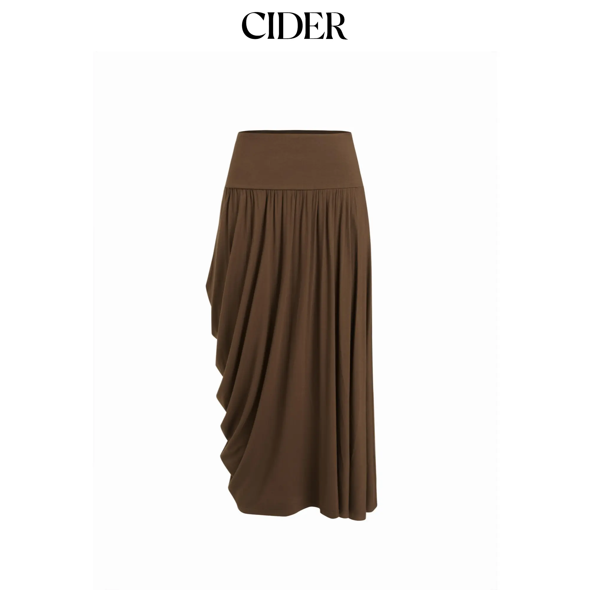Cider Mid Rise Cocoon Ruched Pleated Midi Skirt