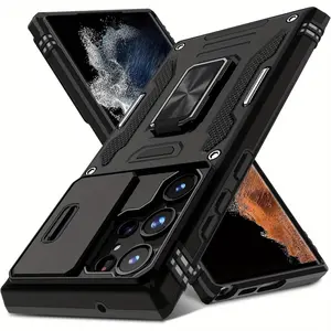 For Samsung Galaxy S25/24/23 Ultra, With Sliding Camera Cover, Rotating Ring Bracket Shock-absorbing Protective Cover