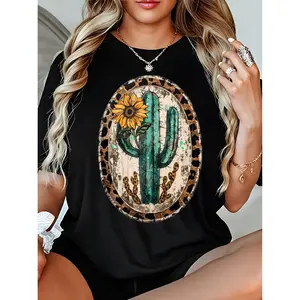 Lady's Vintage Western Fitted Round Neck Short-Sleeve Casual T-Shirt - Turquoise, Teal, Cactus, Sunflower, Leopard Prints - Machine Washable Top