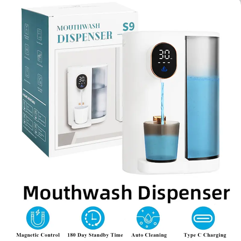 Electric Mouthwash Dispenser 600ML, Desktop/wall-Mounted, LED Display, Magnetic Cups, Auto Cleaning, Touch Control, Bathroom Installation