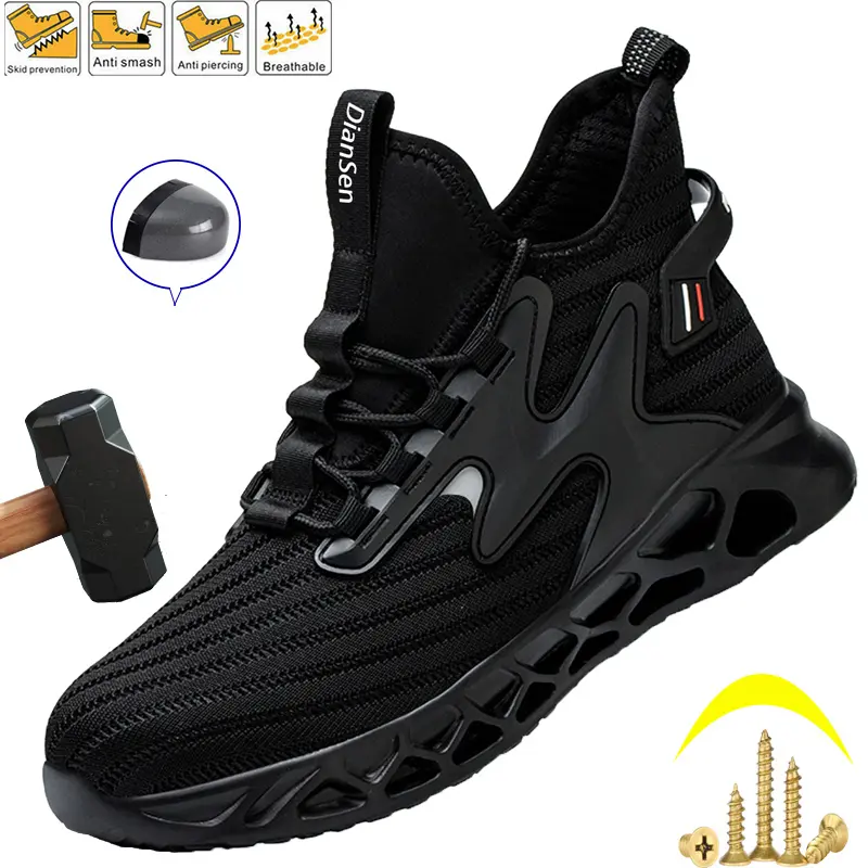Men Work Safety Shoes Anti-puncture Working Sneakers Male Indestructible Work Shoes Men Boots Protective Boots Mesh light Breathable Anti-slip wear resistant work hiking boots sneakers Black Closed
