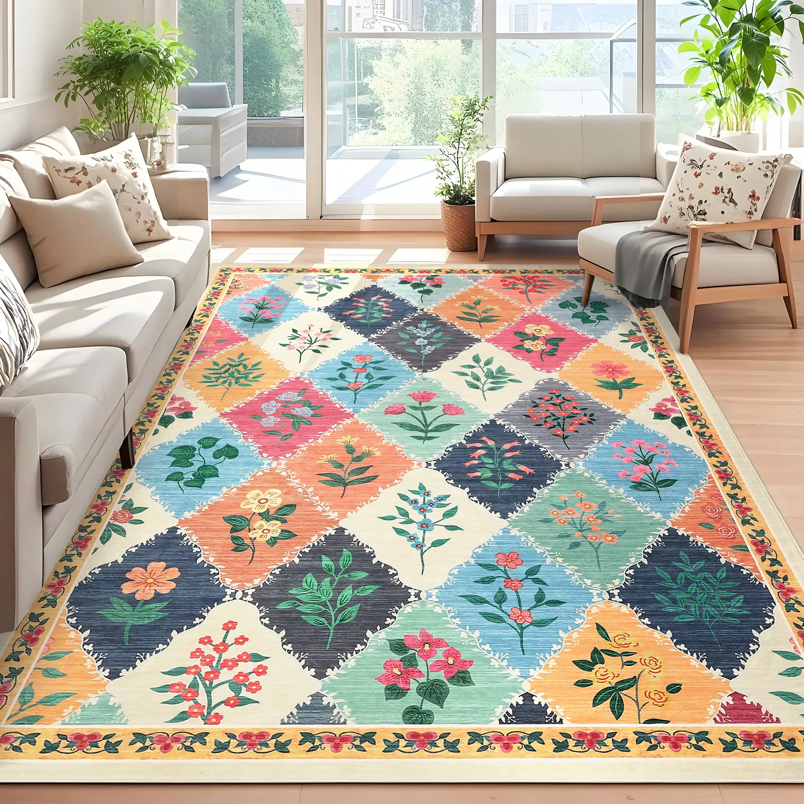 Abstract Geometric Print Area Rug, Modern Low-Pile Foldable Indoor Carpet for Bedroom, Dining Room, Abstract Geometric Print Area Rugs, Living Room Decor
