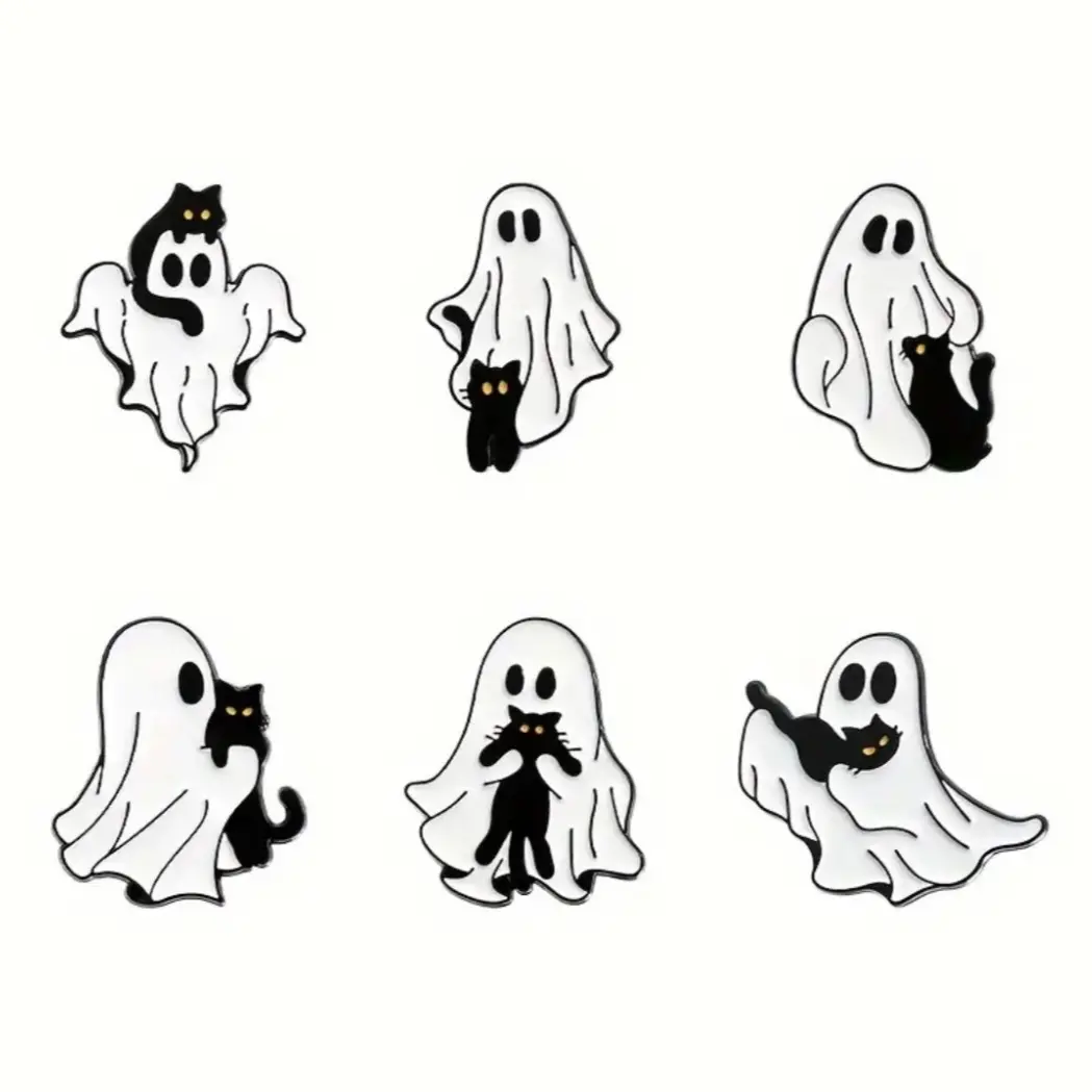 Cute ghost with black cat enamel pin