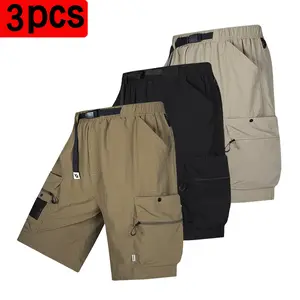 3-Pack Men’s Summer Cargo Shorts – Lightweight, Breathable, Multi-Pocket Functional Style, Knee-Length Quick-Dry Athletic Shorts with Elastic Waist and Adjustable Belt Design; Versatile Solid Color Straight-Leg Pants for Outdoor Hiking, Casual Wear, and D