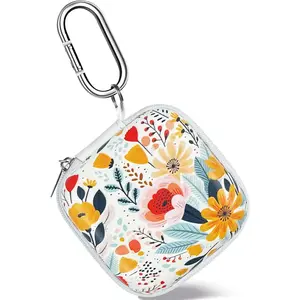 Z-PHP5  Square Earbud Case Headphone Organizer Ear Bud Case Portable EVA Carrying Box Storage Bag with Carabiner for AirPods Beats Bose Galaxy Buds 3 Data Cable Storage (Blooming Floral)