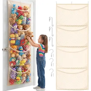 Wide Over The Door Stuffed Animal Storage, Cotton Toy Organizer for Plush Toys, Baby Supplies, Stuffed Animal Holder with 4 Large Pockets, Hanging Door Organizer for Nursery, Bedroom, Kids Room