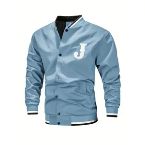 Polyester Baseball Jacket Brown Men's Casual Letter J Snap Button-Up with Pockets Long Sleeves Machine Washable Coats Menswear Tops FF45397