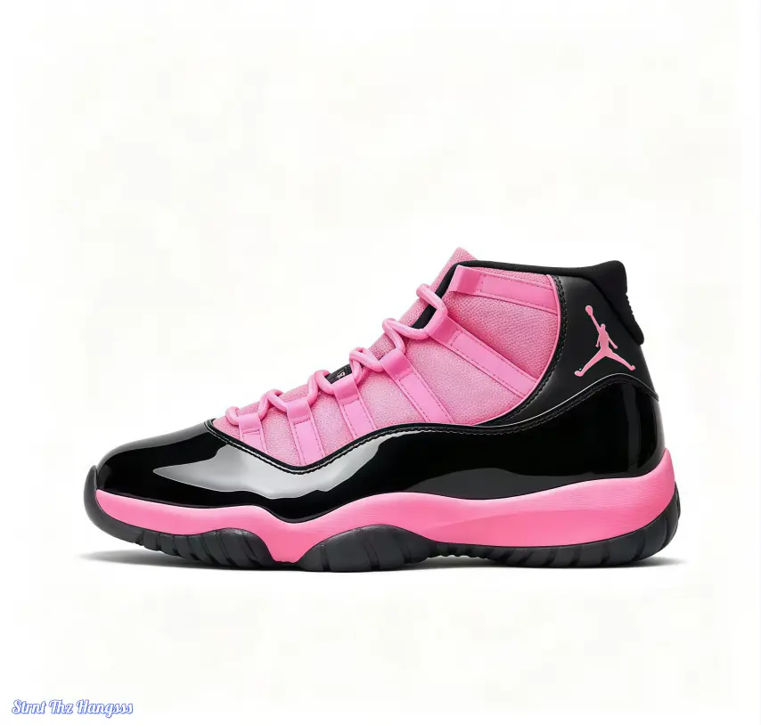 Pink Black High‑Top Basketball Sneakers, Patent Leather & Fabric Upper, Cushion Shock‑Absorbing Sole, Stable Ankle Support, Classic Retro Street Style, Great For Basketball Training And Daily Casual Wear