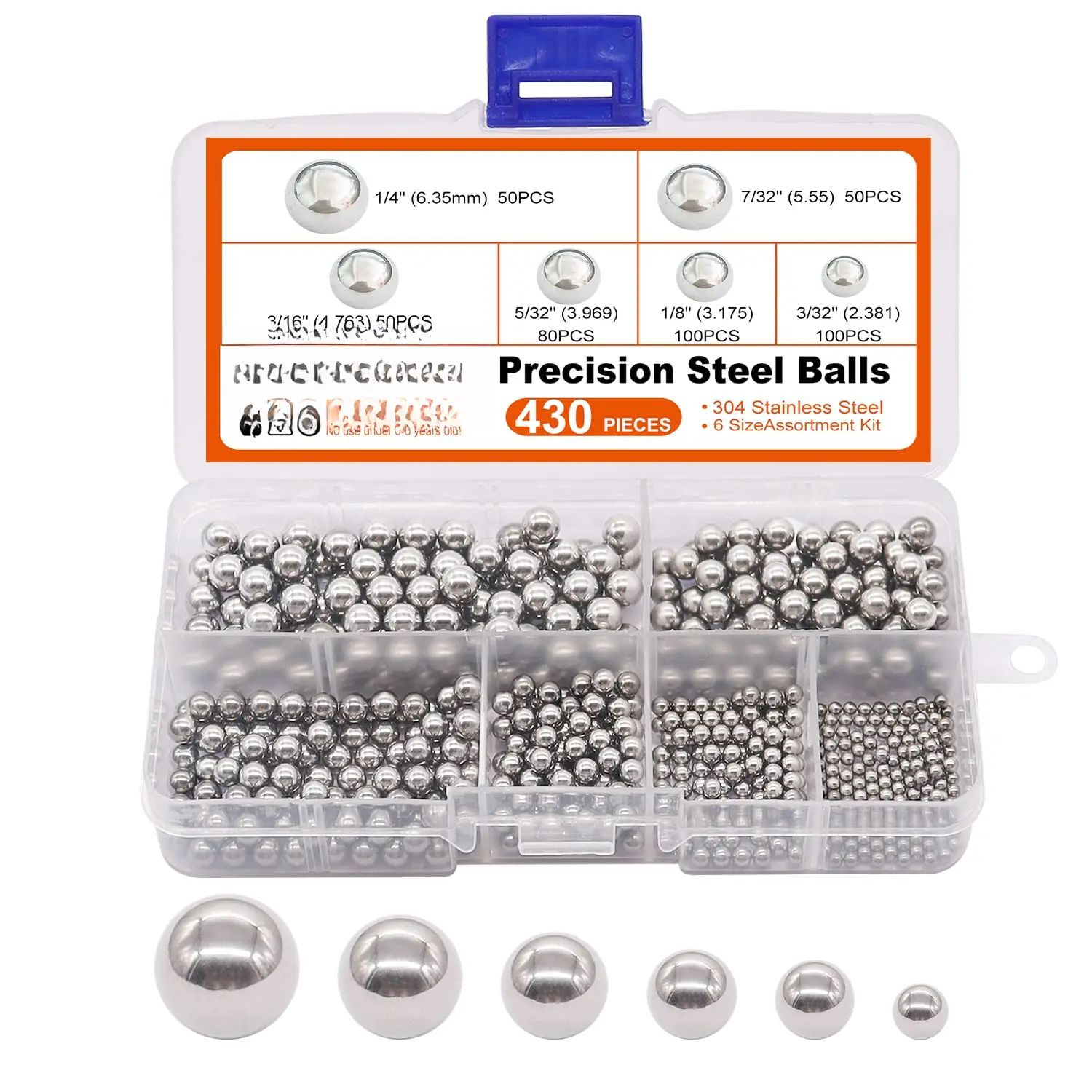 430 count Stainless Steel Precision Steel Balls Bicycle Bearing Balls Metal Mixing Balls Assortment Kit 1/4" 7/32" 3/16" 5/32" 1/8" 3/32" K-086-430