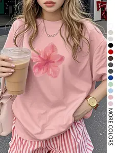 Women's Floral Print Round Neck T-Shirt, Casual Loose-Fit Top for All Seasons, Fashionable Home Wear, Perfect for Daily Outdoor Activities