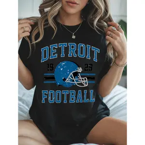 1pc Women's Casual "Detroit Football 1929" Graphic Tee - Soft, Round Neck, Short Sleeve, Black with Blue Print & Striped Design - Perfect for All Seasons, Machine Washable, Ideal Gift for Sports Fans!, Allseason Tshirt | Striped Fashion Tee