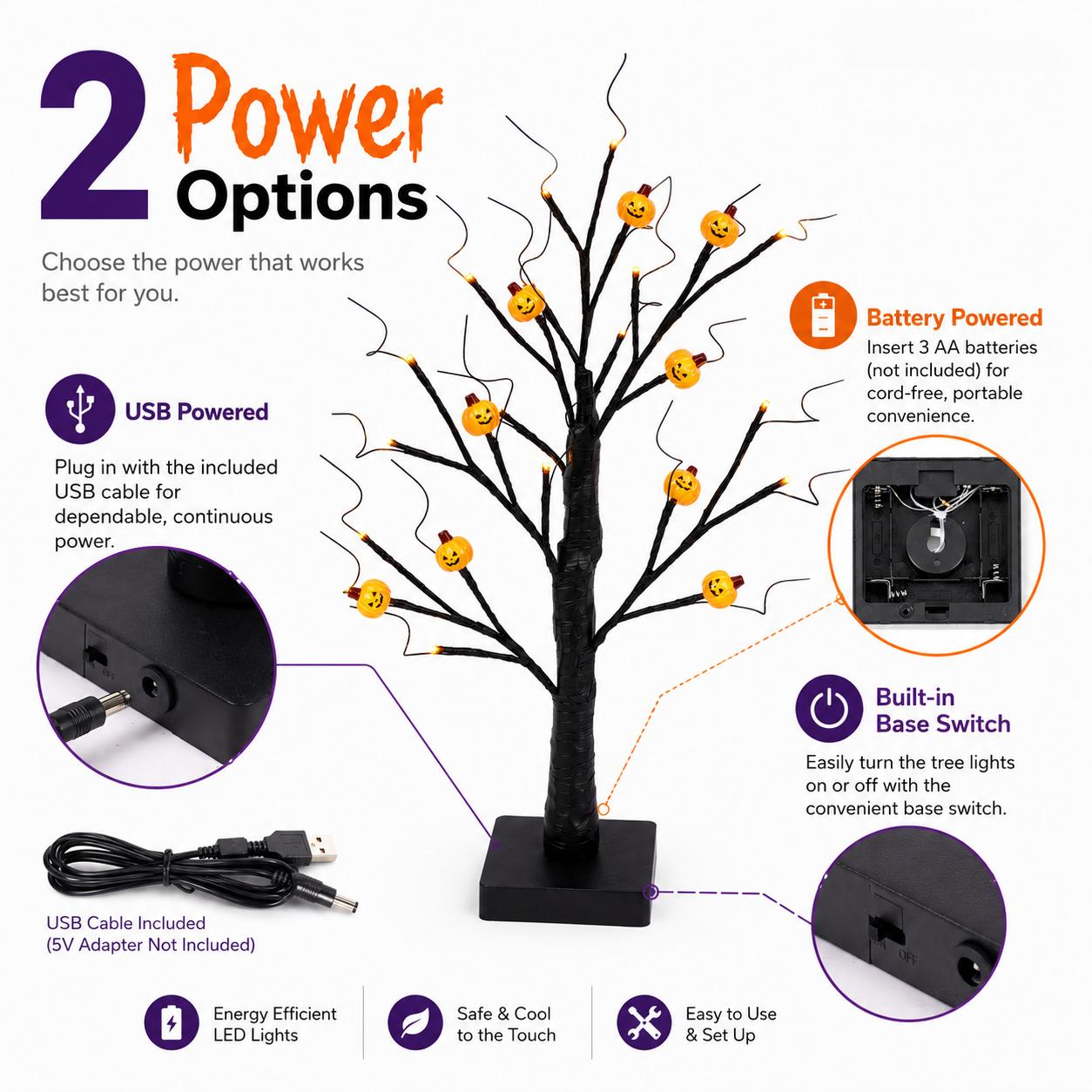 2-Piece Set, Halloween Tree Lights, 24-inch, Orange and Purple Glow, 24 LEDs, USB + Battery Powered, Halloween Decor, Suitable for Indoor Home Haunted Rooms, Fireplaces, Entryways, TV Console Decor