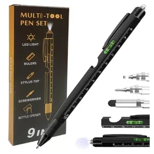 9-in-1 Multifunctional Tool Pen Set - Men's Gift Pen, Includes Ruler (metric, imperial), Screwdriver (flat head, cross head), Bottle Opener, Level, Stylus, LED Flashlight