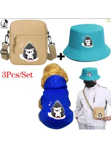 3Pcs Suit Stylish Hat Crossbody Bag Pet Hoodie Suit, Cute Hedgehog with Heart Stickers Print, Pet Hoodie and Fisherman Hat and Crossbody Bag Three-in-one Combination, Universal for Men and Women, New Style of Pet Hoodie, Christmas, Christmas Pattern