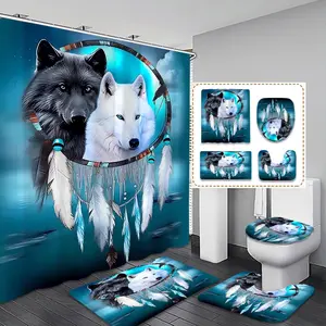Creative Wolf Dreamcatcher Bathroom Decor Set, Bathroom Accessory, Includes Shower Curtain, Mat, Toilet Lid Cover, Waterproof, 12 Hooks, Christmas Gift