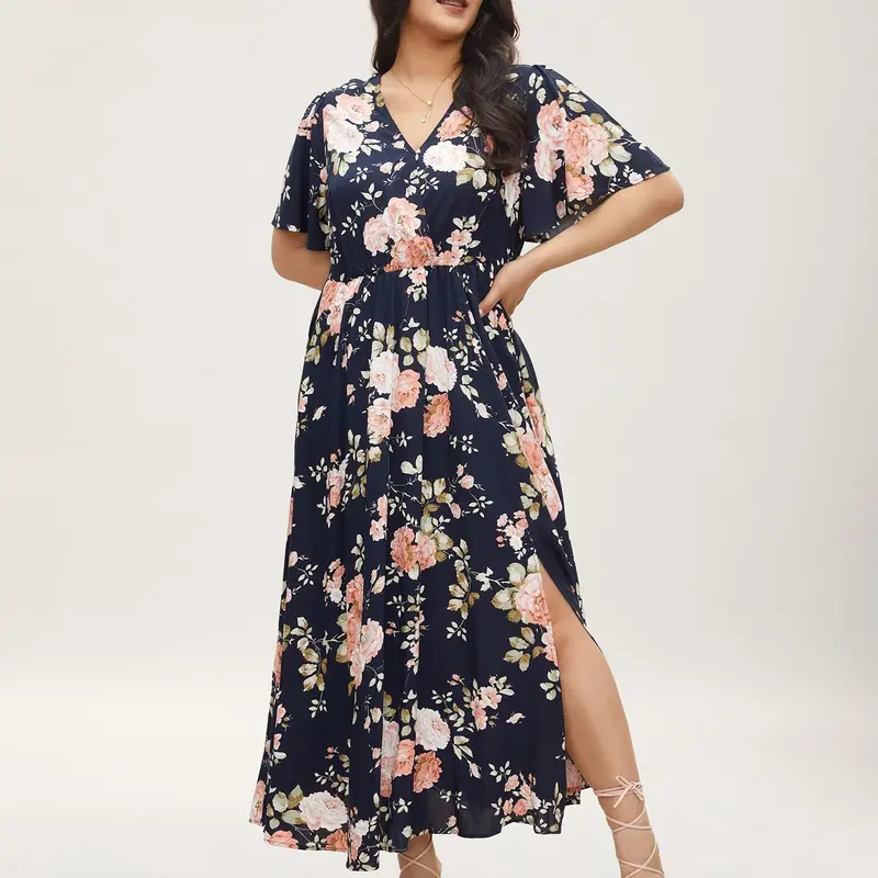 BloomChic Plus Size Women's Casual Bohemian Ditsy Floral Rayon Fabric Garment Maxi Dress - V-Neck, Half-Sleeve Ruffle, Pockets, Low-Iron Piece, Brunch Outfit, Affordable Fashion,SohoChic