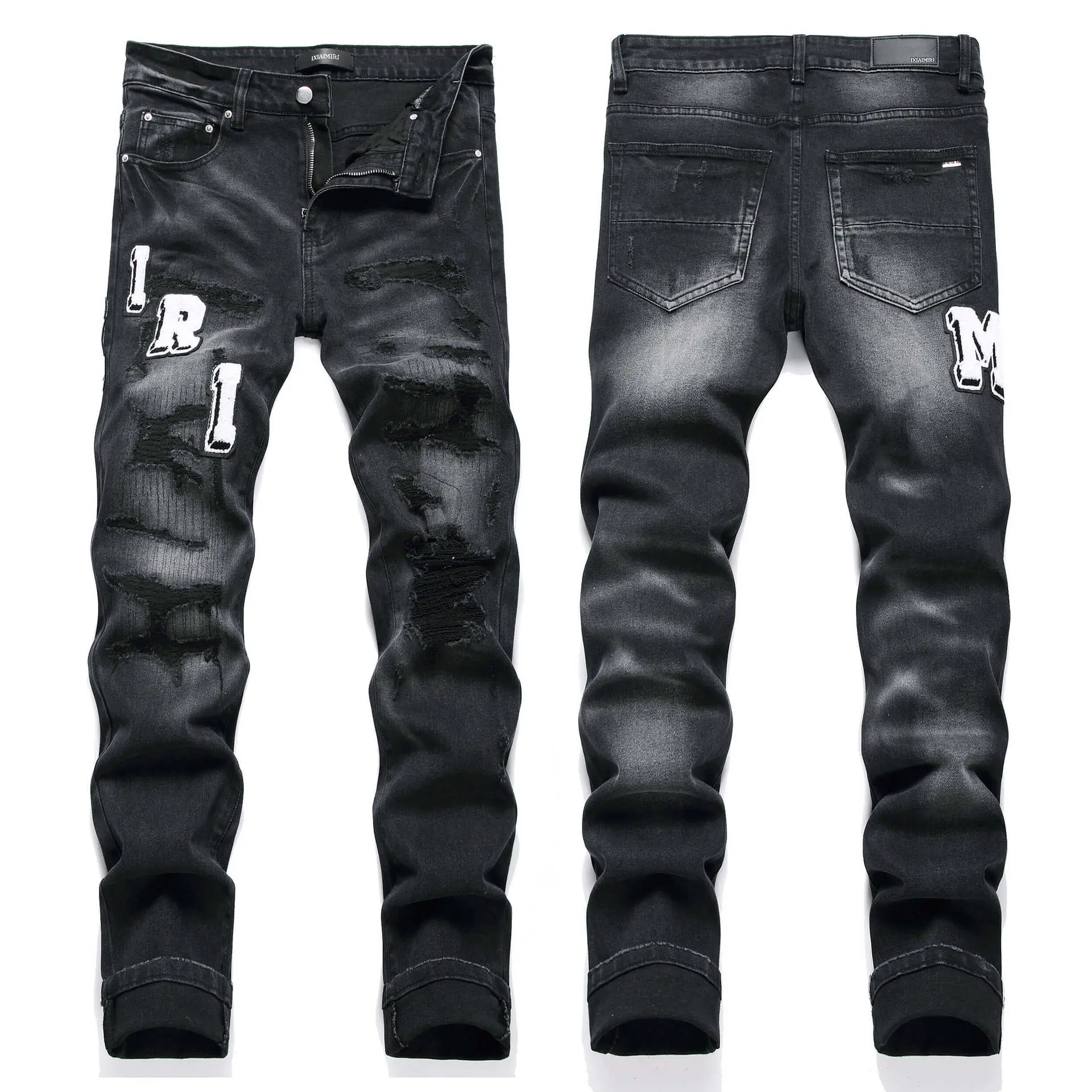Men’s Hip Hop Y2K Ripped Distressed Black Jeans, Letter Patched Slim Fit Denim Pants, Vintage Washed Streetwear Casual Pants For Men