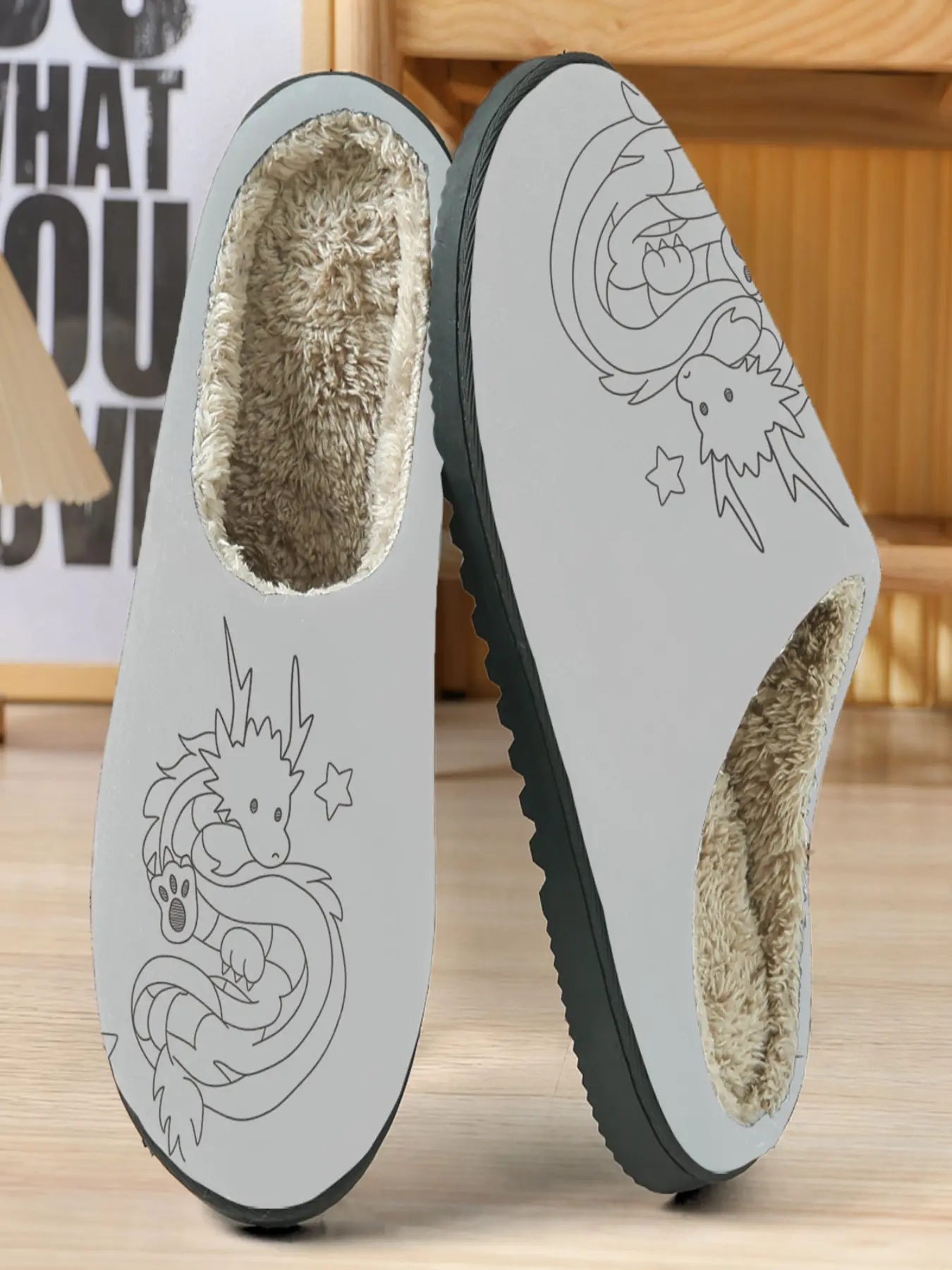 Simple Dragon Pattern Cotton Slippers, Light Bottom with Cartoon Dragon Illustration, Warm Fuzzy Lining, Casual Home Wear