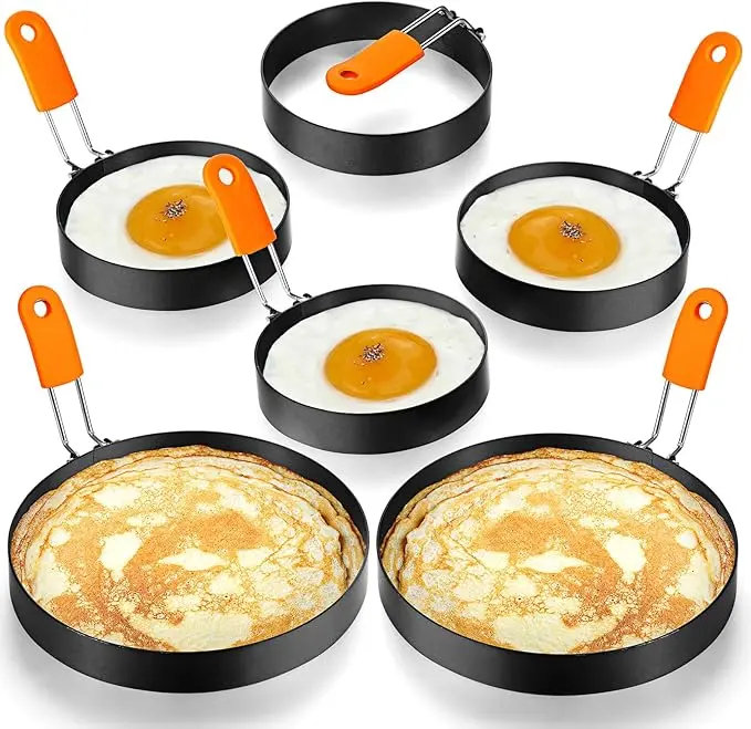 6 Pcs Professional Egg Ring Pancake Ring Set Stainless Steel Fried Egg Molds Griddle Pancake Shapers with Orange Silicone Handle for