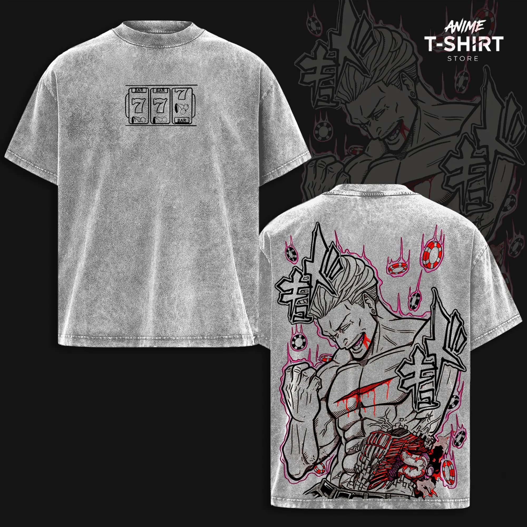 Hakari - Jujutsu Kaisen Vintage Washed Anime T-Shirt, Oversized Boxy Fit, Heavyweight Cotton Graphic Tee, Dark Streetwear Gym Pump Cover Daily Wear, Gift for Anime Fans