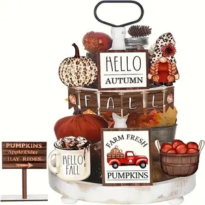 Wooden Pumpkin Harvest Festival Decor, 13pcs/set Wooden Decorative Sign without Tray, Desktop Display Decoration for Home Party Bar Kitchen, Ornaments