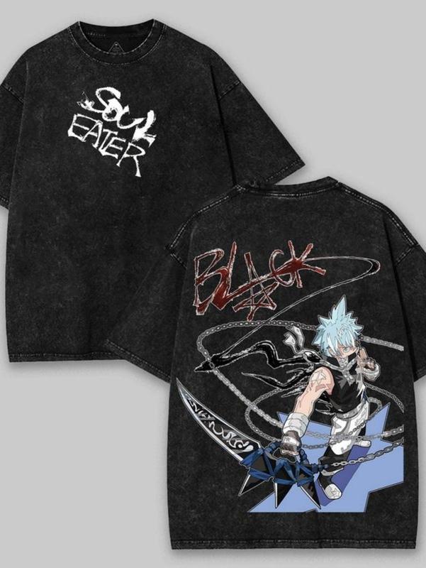Soul Eater Black Star Anime Washed T Shirt Double Sided Print Japanese Manga Merch Retro Black Crew Neck Cotton Tee Regular Fit Casual Streetwear Summer Daily Wear Urban Fashion Top for Men Women