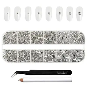 Beadsland Rhinestones for Makeup,8 Sizes 2500pcs Crystal Flatback Rhinestones Face Gems for Nails Crafts with Tweezers and Wax Pencil, Clear