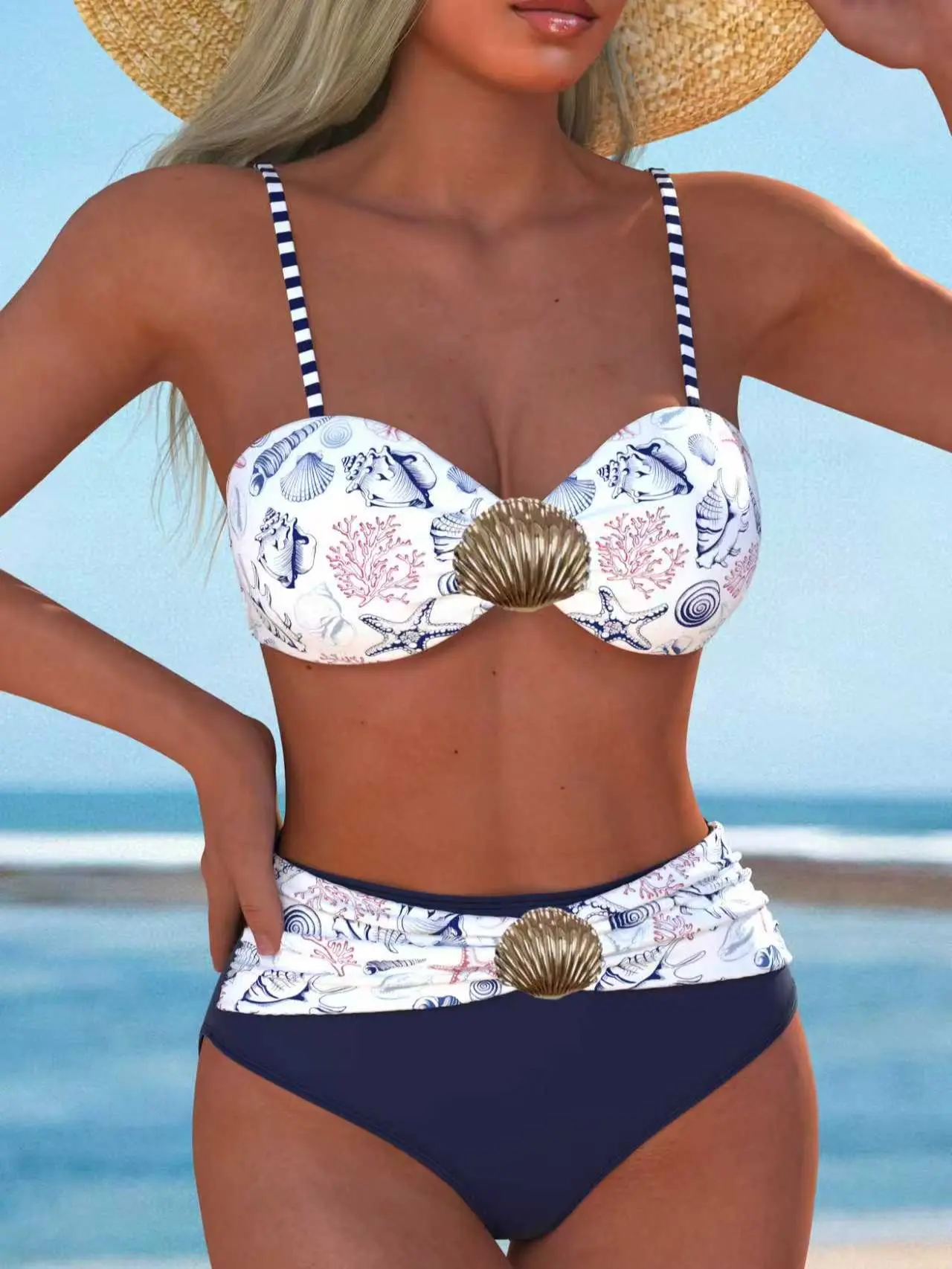 Women’s Shell Accent Bikini Set, Seashell Front Detail Bandeau Two Piece Swimsuit with Printed Nautical Ocean Pattern, High Waist Color Block Bottom Beachwear, Adjustable Strap Summer Vacation Swimwear