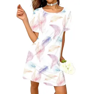 Vacation Wear Feather Print Short Sleeve Swing Dress