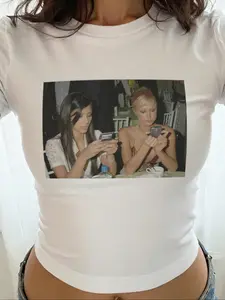 Women Two Women Print Round Neck Crop Top Casual Fitted Short Sleeve Tee Summer Daily Wear Thin Fabric Kint Style Tight-Fitting Fit Graphic Womenswear