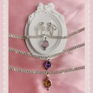 Madoka Magica Homura Akemi Madoka Kaname Mami Tomoe Sayaka Miki Kyoko Sakura Y2K Rhinestones Sparkle Bling Elegant Dainty Soul Gem Anime Manga Kawaii Necklace and Earrings set Puella Magi Series