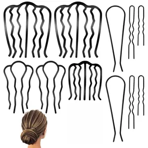 12 Pcs Hair Side Combs, Hair Fork Clips, Pins, French Twist Updo Accessories, U-Shape Teeth Styling Tool for Vintage Hairstyle Women Girls Bun - Black