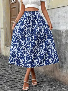 Women's Leaf Print Elastic Waist Skirt, Casual Fashion Midi Skirt for Daily Wear, Ladies Bottoms for All Seasons