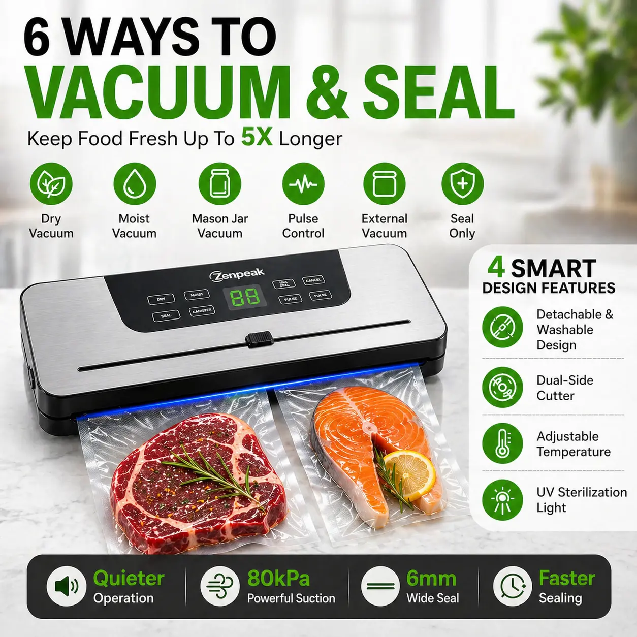 Zenpeak Kitchen Vacuum Sealer Machine - External Vacuum, Detachable Bottom Tray, Dry/Moist Seal, Pulse Control, Adjustable Temperature, 6mm Wider Seal, Built-In Bag Cutter, Mason Jar Compatible for Meal Prep, Sous Vide