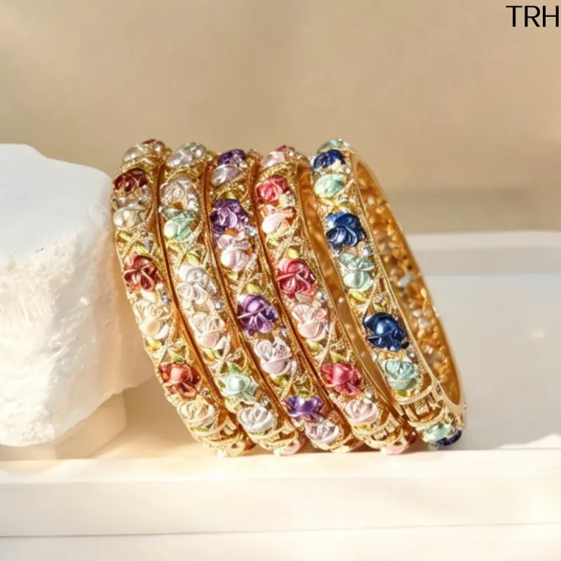 Vintage Cloisonne Enamel Bangle, Hollow Filigree Floral Gold Plated Bracelet, Colorful Rose Flower Women Wrist Jewelry Oriental Fashion Cuff