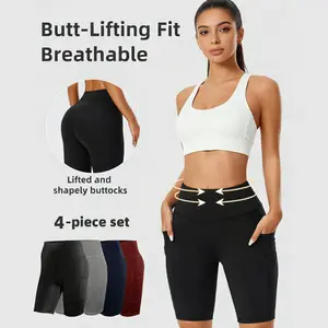 Women's High Waist Athletic Yoga Shorts (4pcs) - Soft, Breathable, Pocketed, Stretchable Tight-Fit Gym Wear for Daily Workouts & Outdoor Activities