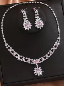 Women's Elegant Artificial Zircon Decorated Jewelry Set, Exquisite Trendy Necklace & Dangle Earrings, Chic Fashionable Jewelry Set for Party & Wedding & Daily Decor