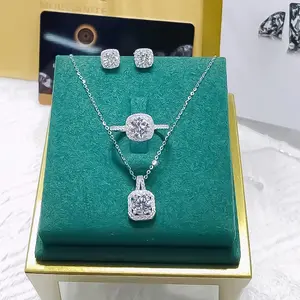 Unique Square Diamond Micro-Inlaid Zircon Ring, Earrings, Necklace Set, New Simple and Fashionable Elegant Jewelry