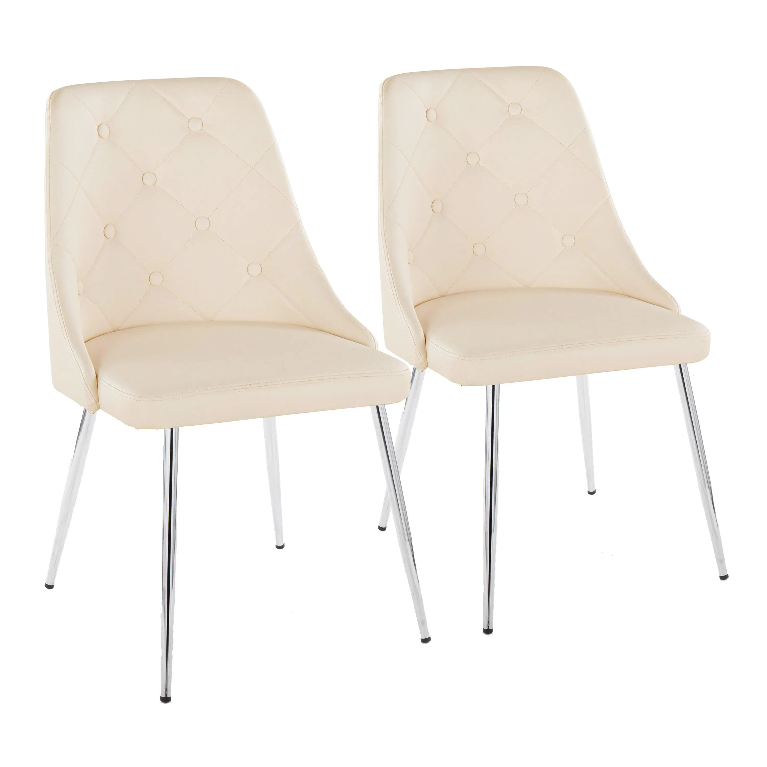 Set of 2 Cream Faux Leather Chairs with Chrome Metal Legs, Contemporary Dining or Accent Seating
